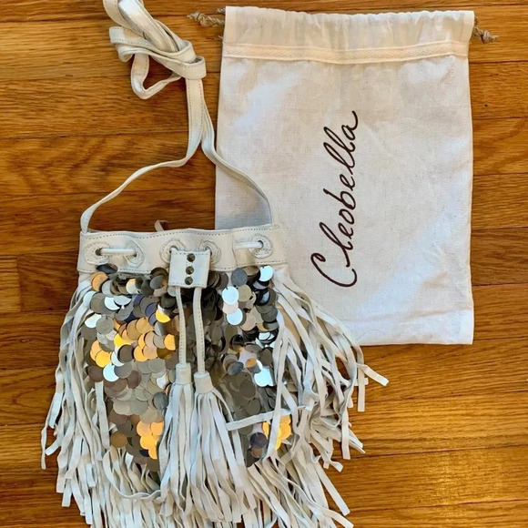 CLEOBELLA NWT White Leather Sequined Fringe Crossbody Bag Purse Boho